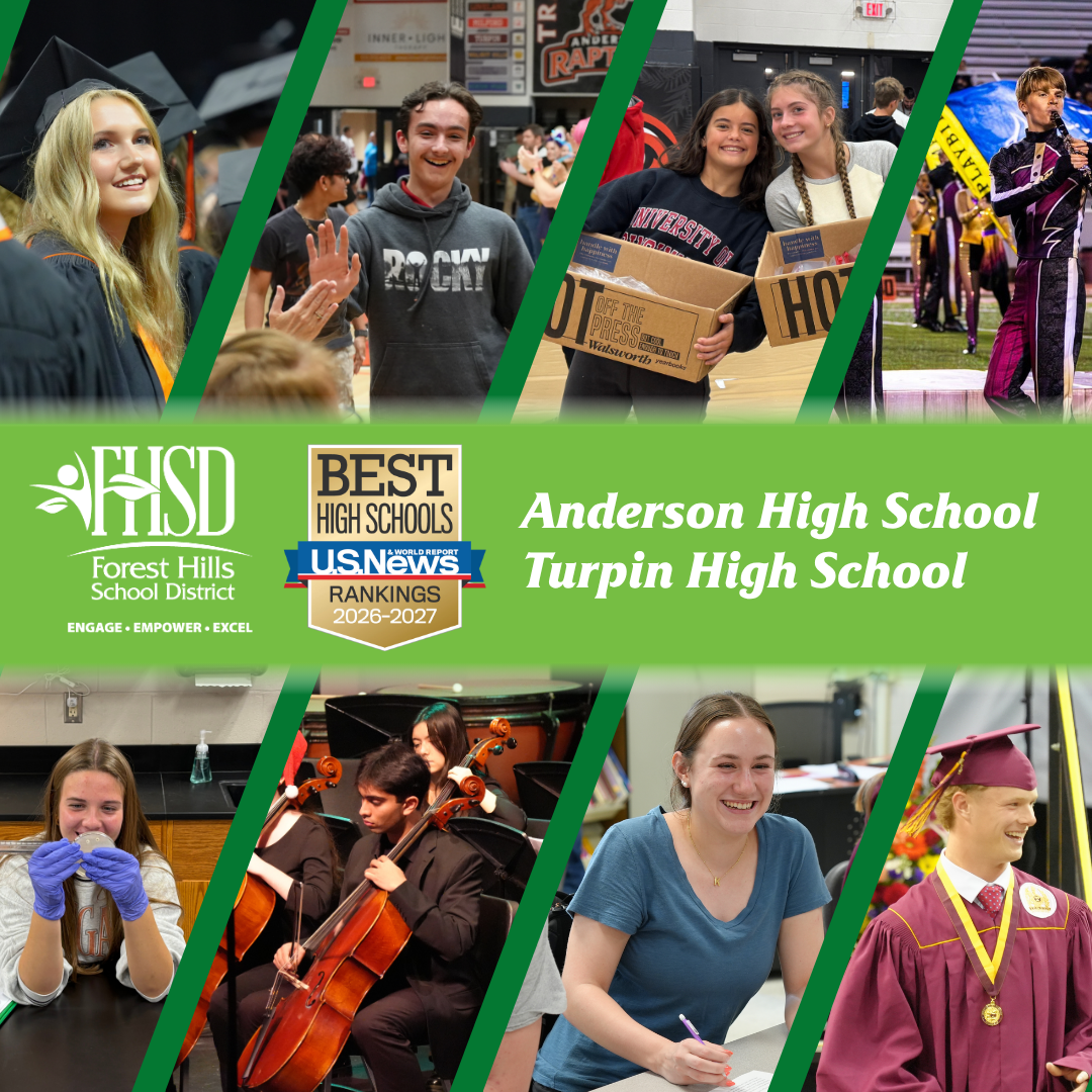 collage of photos of anderson and turpin students with the FHSD logo, the U.S. News Best High Schools badge and the text "anderson high school" and "turpin high school